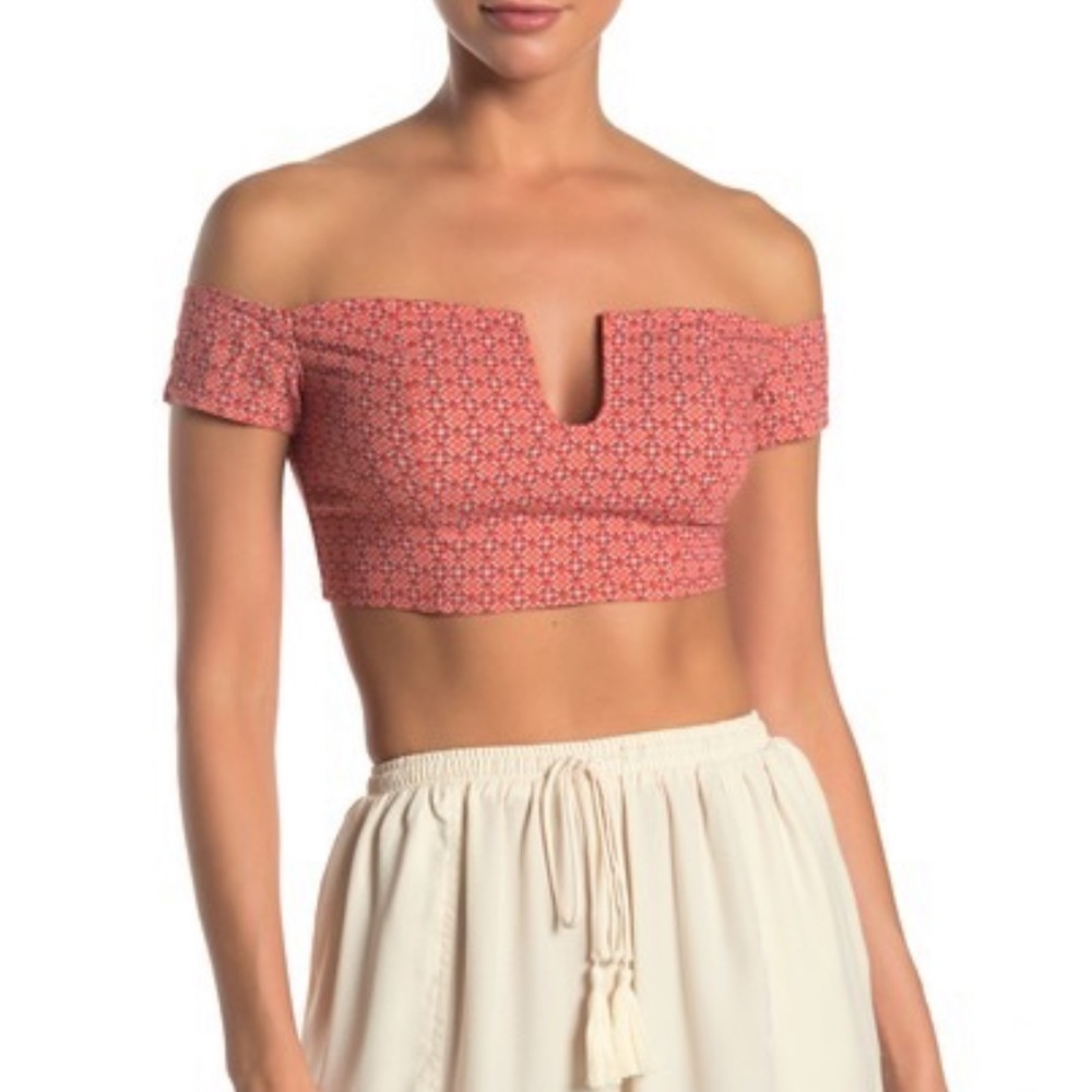 Free People Red Off-The-Shoulder Crop Top - Picture 2 of 3